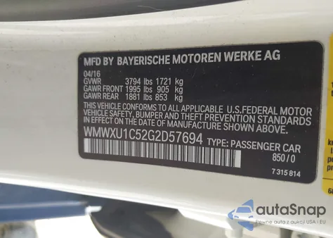 2016 Mini Hardtop Cooper from USA, damaged, VIN WMWXU1C52G2D57694